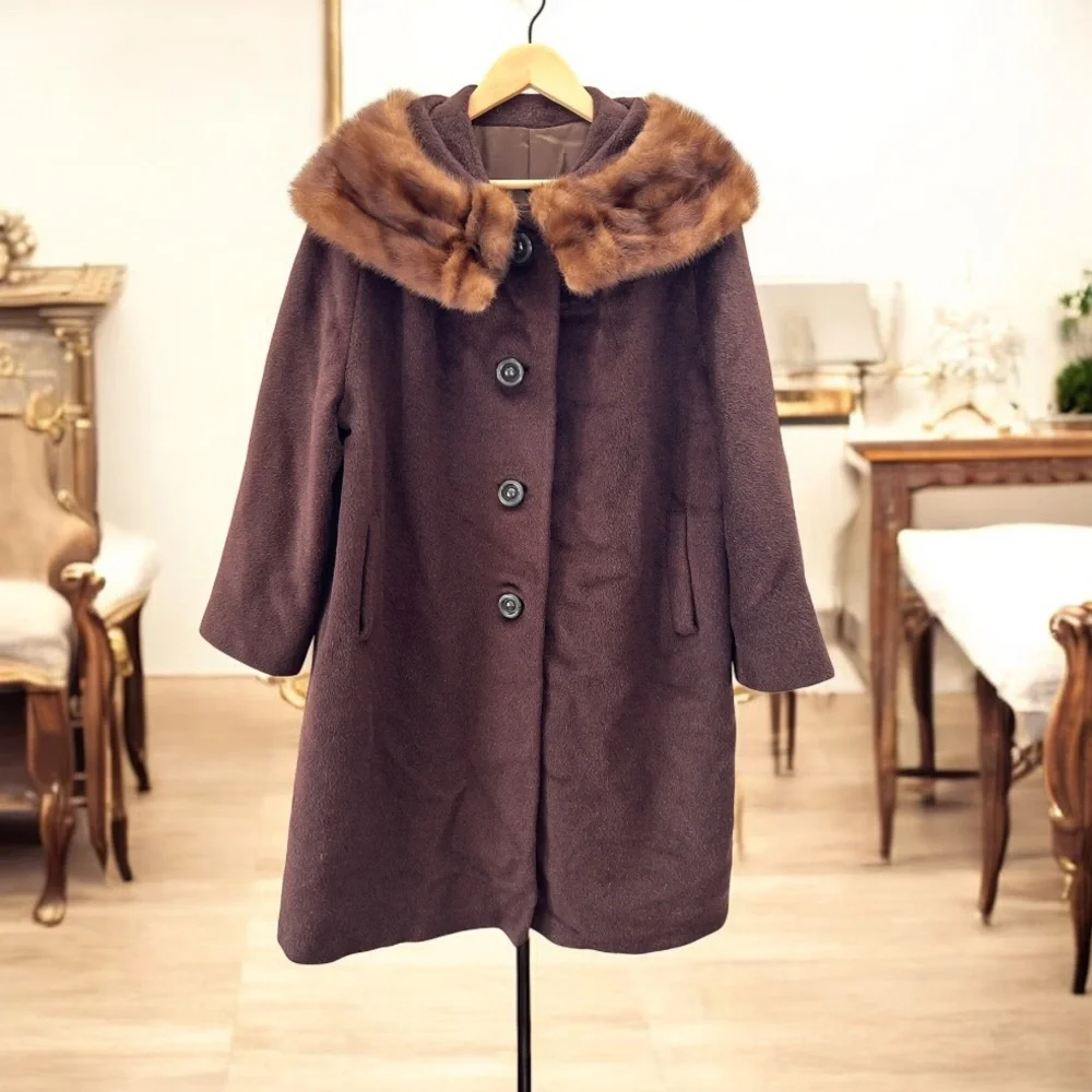 Vintage 60’s Ladies Brown Fox Fur Collar Mink Button Down Long Trench Coat - Picture 2 of 9
